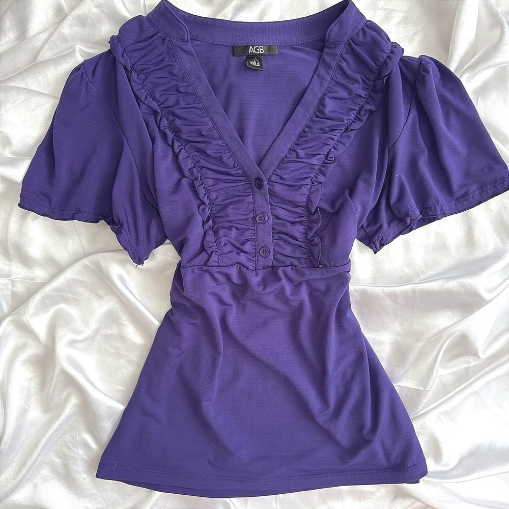 AGB Purple Ruffle V-Neck Empire Waist Short Sleeve Top Large